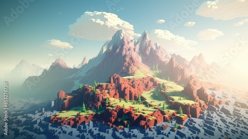 3d voxel mountain landscape illustration background design, perspective terrain, view panorama 3d voxel mountain landscape