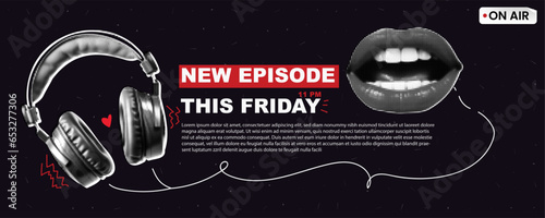 A banner for a true crime podcast theme. Open mouth and headphones with heart and wire. Vector collage with textures and doodles on black background