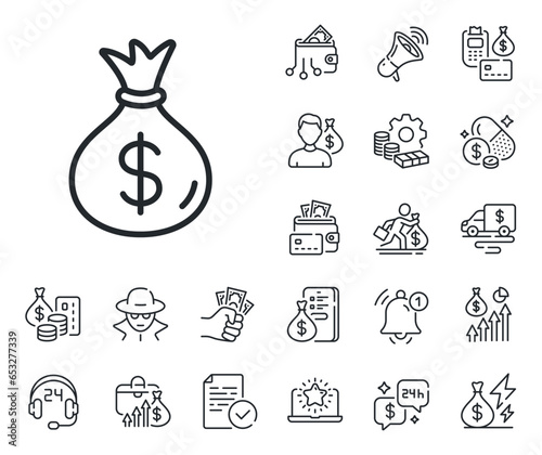Cash Banking currency sign. Cash money, loan and mortgage outline icons. Money bag line icon. Dollar or USD symbol. Money bag line sign. Credit card, crypto wallet icon. Inflation, job salary. Vector