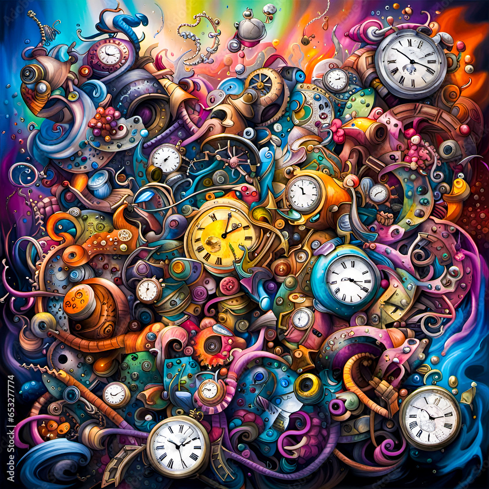 Bright bold and colorful concept illustration of stress through a never-ending spiral of clutter with various analog clocks and pocket watches, ai generated