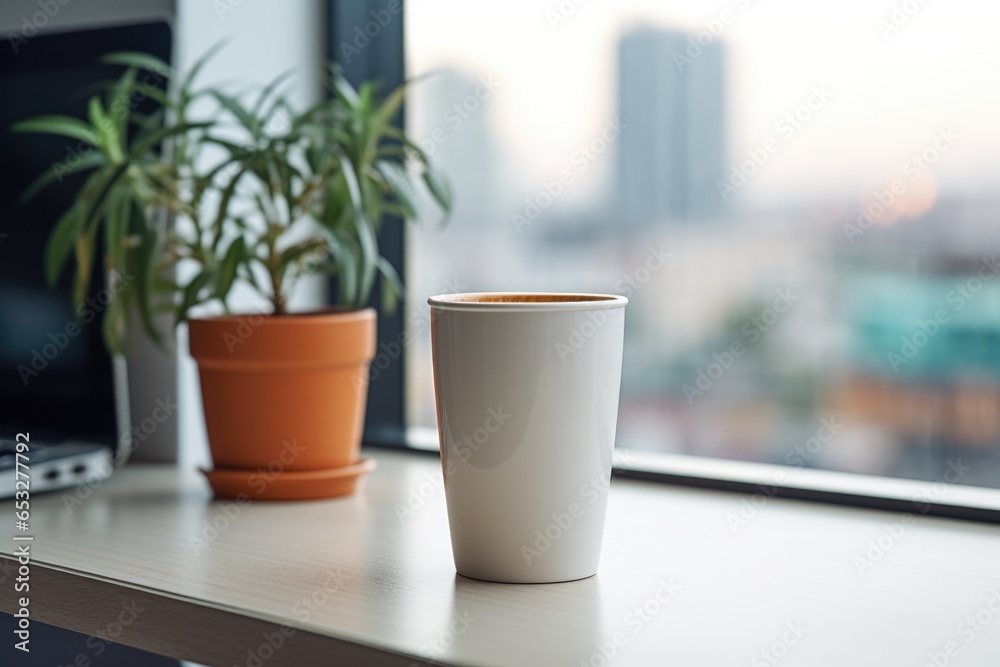 white mug filled with coffee on office desk