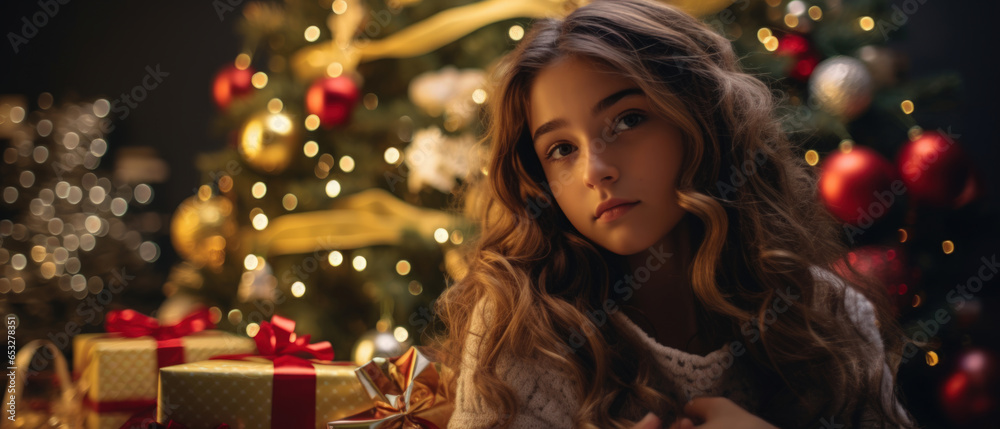 Portrait of Radiant Young Woman Celebrating the Holidays in a Festive Christmas Setting, High-Quality Seasonal Photography Portrait of Radiant Young Woman Celebrating the Holidays in a Festive Christmas Setting, High-Quality Seasonal Photography