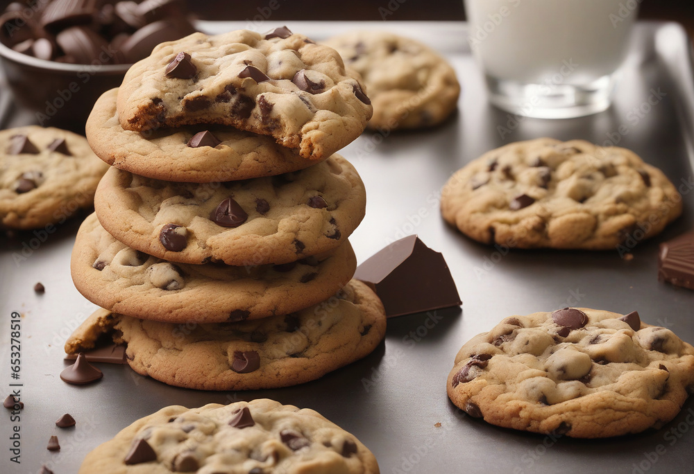 A delectable image showcasing freshly baked chocolate chip cookies arranged in a tray, capturing the irresistible aroma and taste of homemade treats