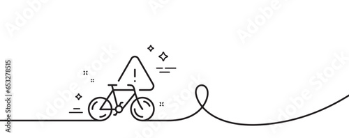 Bike attention line icon. Continuous one line with curl. City bicycle transport sign. Velocipede warning symbol. Bike attention single outline ribbon. Loop curve pattern. Vector
