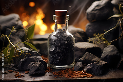 Vial with black volcanic lava salt on a natural background. Unusual table salt. Black truffle salt. Black Kala Namak salt