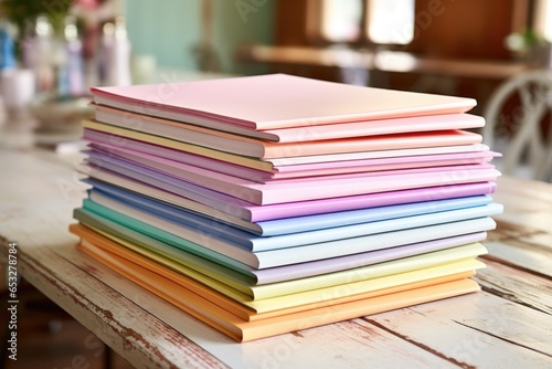 pastel-colored journals stacked on a table