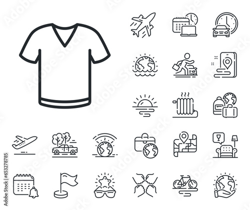 Tee shirt wear sign. Plane jet, travel map and baggage claim outline icons. T-shirt line icon. Fabric sport clothes symbol. T-shirt line sign. Car rental, taxi transport icon. Place location. Vector