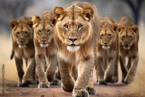 lion pride following behind their leading lioness © altitudevisual