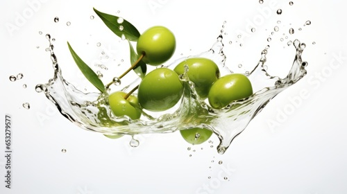 Green olives with water splash on white background, Generative AI