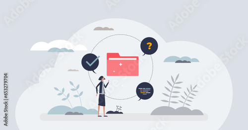 Cycle of feedback and customer review control process tiny person concept. Marketing loop with client comment, product or service improvement and reply vector illustration. Work procedure management.