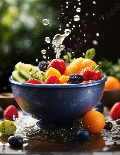 bowl of fruits with water splash background