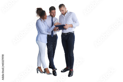Group of modern business people are talking and smiling while standing on a transparent background