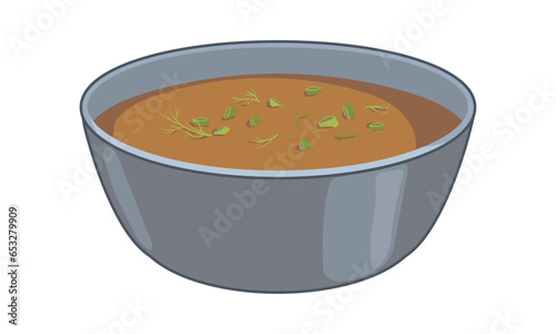 Kari in a bowl on a white background. Vector, flat style. A common food in Asia, served as a sauce or main dish. Traditional food from India, Thailand, Nepal and Japan. Soup with greens.