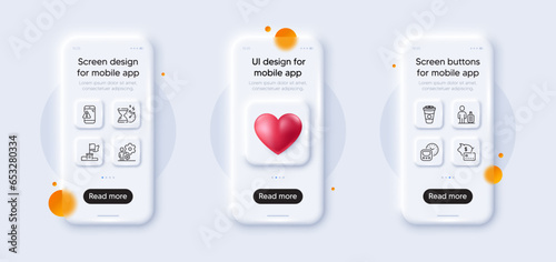 Baggage, Takeaway coffee and Piggy bank line icons pack. 3d phone mockups with heart. Glass smartphone screen. Job, Winner flag, Hourglass timer web icon. Metro, Warning message pictogram. Vector