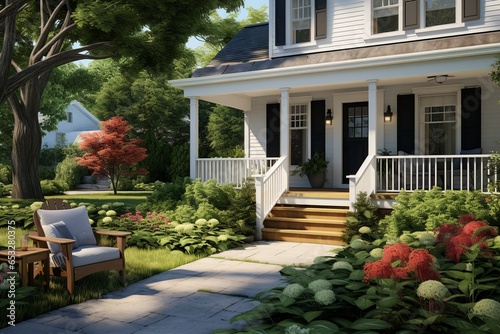 Discover the magic of a suburban house, its front yard transformed into a vibrant garden Eden. Adorned with an array of plants, the air is fragrant with blossoms. photo