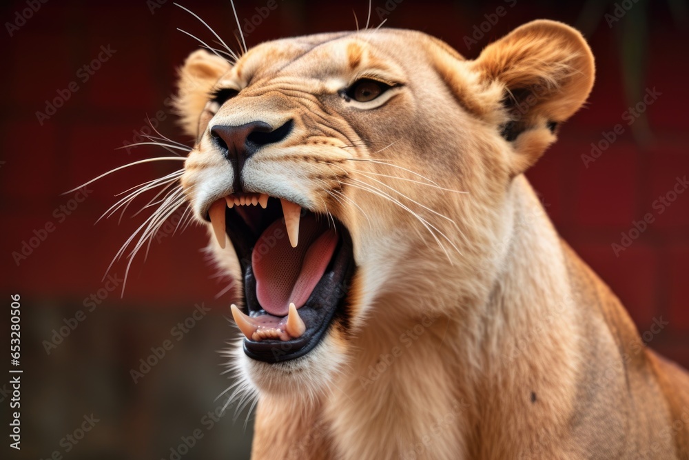 Obraz premium a lioness reacting to the roaring sound from a speaker
