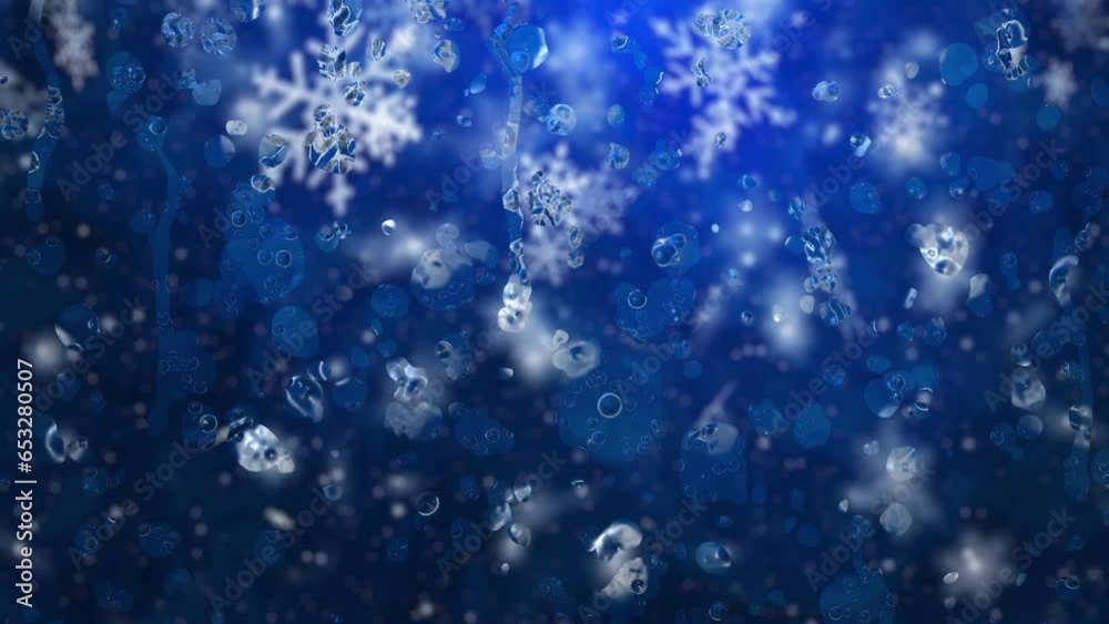 Drops of rain falling through the glass Blue background with falling snow. Drops of rain falling through the glass Blue background with falling snow.