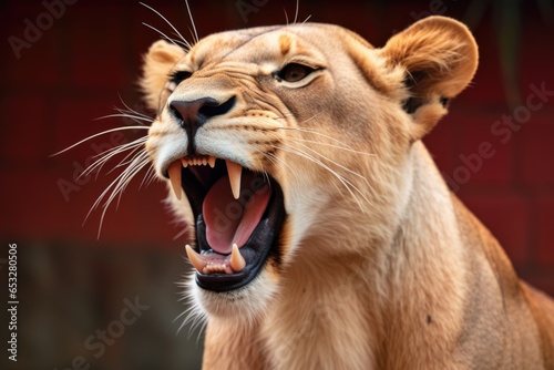 a lioness reacting to the roaring sound from a speaker