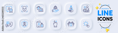 Passport, Inspect and Income money line icons for web app. Pack of Support chat, Inclusion, Video conference pictogram icons. Face detection, Touchscreen gesture, Work home signs. Vector