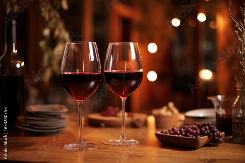 paired wine glasses filled with red wine on a table