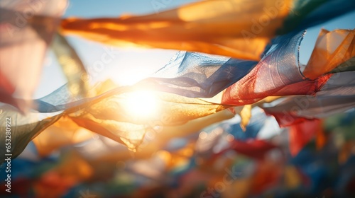 prayer flags fluttering in wind with blurred background