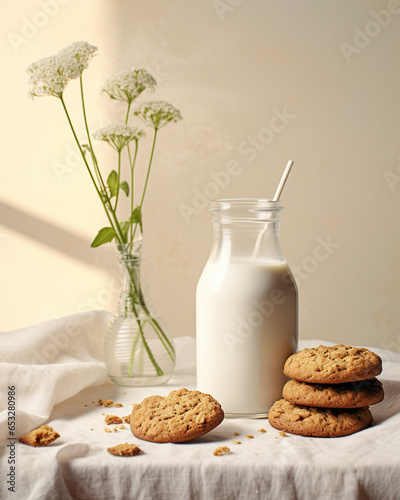 Oatmeal cookies with milk in a bottle photo