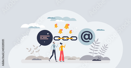 Chained communications with linked user notifications tiny person concept. Continuous flow with digital message and connection between chain parts vector illustration. Send information using email.