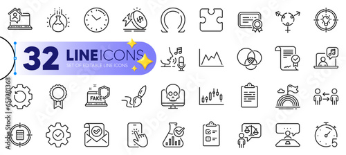 Outline set of Music, Chemistry lab and Idea line icons for web with Candlestick graph, Certificate, Recovery gear thin icon. Confirmed mail, Interview job, Execute pictogram icon. Vector