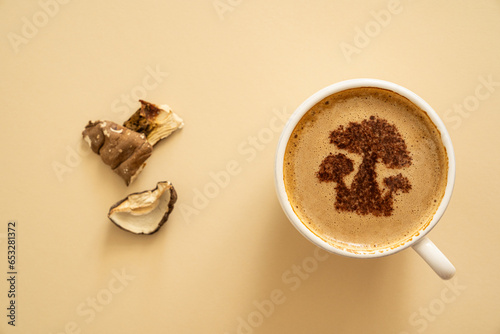 Mushroom coffee concept - mushroom shaped art on coffee cup photo