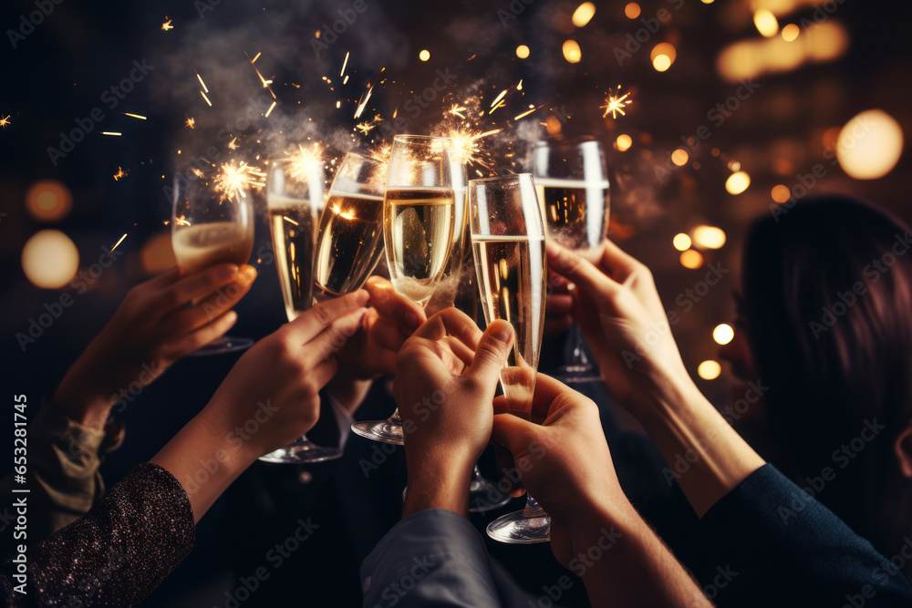 A group of young friends toasting with champagne flutes, surrounded by sparkling fireworks, capturing the excitement and celebration of the New Year. Generative Ai - obrazy, fototapety, plakaty 