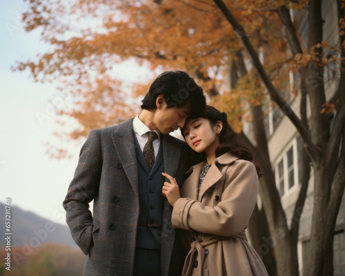 A beautiful portrait of love and romance blossoms in the autumn air as the man and woman standing outside exchange a tender kiss, both adorned in fashionable jackets and coats