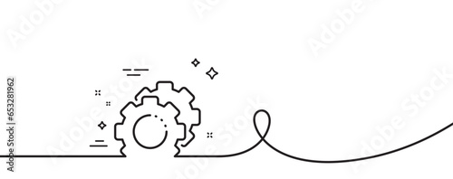 Settings gears line icon. Continuous one line with curl. Cogwheel sign. Working process symbol. Settings gears single outline ribbon. Loop curve pattern. Vector
