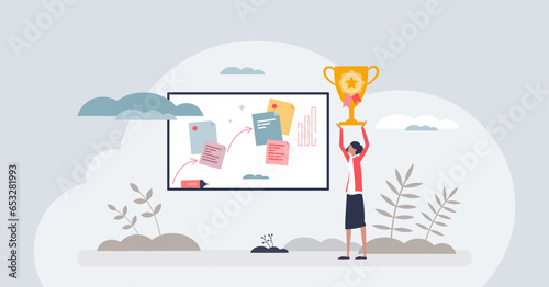 Business victory and company plan successful achievement tiny person concept. Reach TOP with determination and motivational effort vector illustration. Businesswoman award for best financial profit.