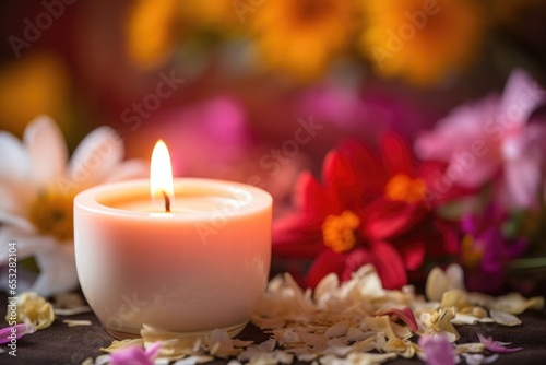 aromatherapy candle with flowers in the background