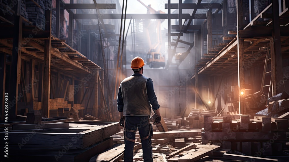 A builder at a construction site oversees the construction of a building. A builder at a construction site oversees the construction of a building.