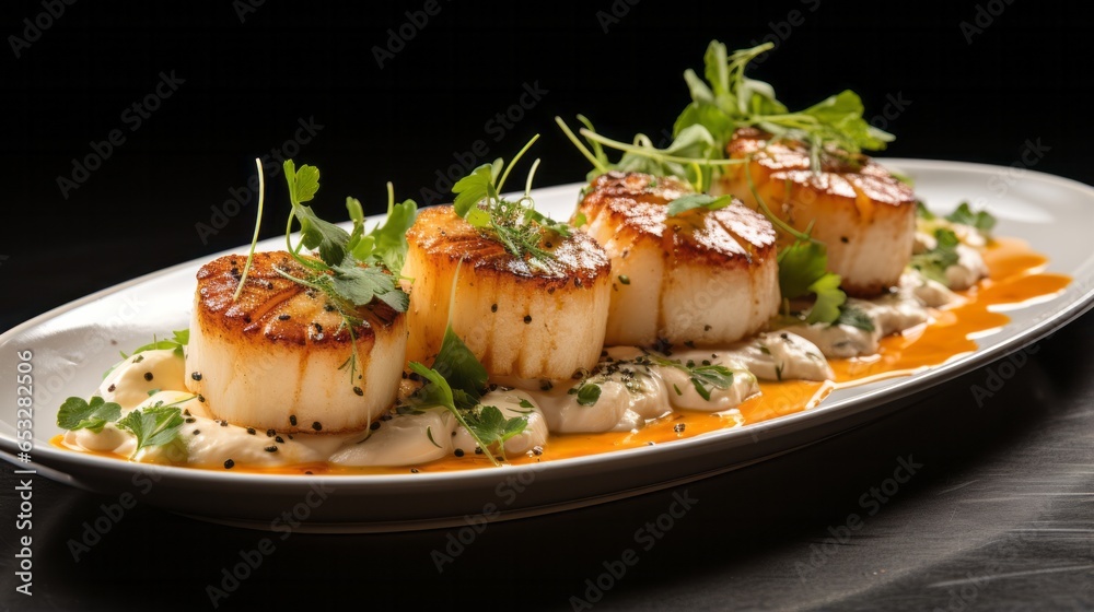Photo of a delicious dish of scallops with a flavorful sauce served on a white plate created with Generative AI technology