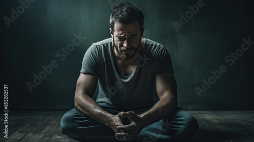 Image of depressed man on a dark background. photo