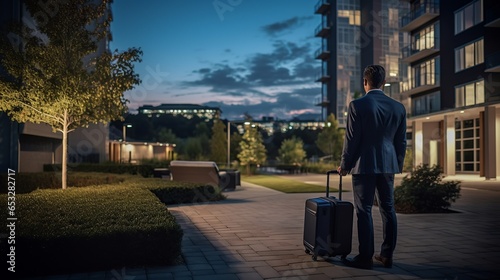 A young professional, suitcase at their side, gazes upwards at the towering facade of a sleek, modern apartment complex. 