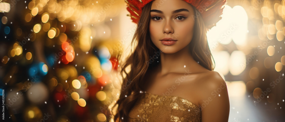 Portrait of Stunning Young Woman Celebrating the Holidays in a Festive Christmas Setting, High-Quality Seasonal Photography Portrait of Stunning Young Woman Celebrating the Holidays in a Festive Christmas Setting, High-Quality Seasonal Photography