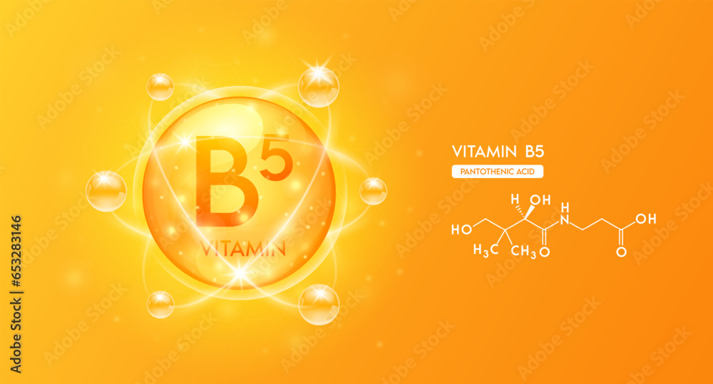 Vitamin B5 with structure chemical formula. Vitamins complex and bubble