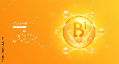 Vitamin B1 with structure chemical formula. Bubble collagen serum orange and Vitamins complex for cosmetics design. Medical concepts. Beauty treatment nutrition skincare. 3D Vector.