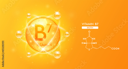 Vitamin B7 with structure chemical formula. Vitamins complex and  bubble collagen serum orange for cosmetics design. Beauty treatment nutrition skincare. Medical concepts. 3D Vector.