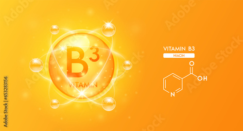 Vitamin B3 with structure chemical formula. Vitamins complex and  bubble collagen serum orange for cosmetics design. Beauty treatment nutrition skincare. Medical concepts. 3D Vector.