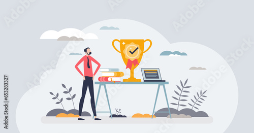 Achievements unlocked and successful business award tiny person concept. Businessman or manager standing with gold prize as financial motivation and target vector illustration. Challenge inspiration.