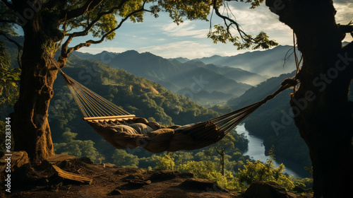 Empty Hammock Overlooking a Tranquil Lush Green Valley with Flowing River - Experiencing Nature’s Serenity & Restful Retreat. Generative AI. © Modern Artizen