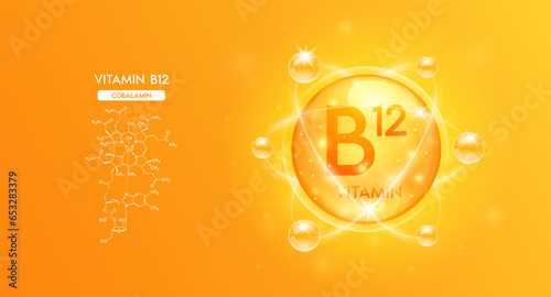 Vitamin B12 with structure chemical formula. Bubble collagen serum orange and Vitamins complex for cosmetics design. Medical concepts. Beauty treatment nutrition skincare. 3D Vector.