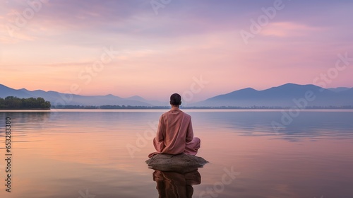 A yogi, captured from behind, sits in a meditative pose beside a tranquil lake. The emerging light of dawn gently reflects on the water's surface, producing gentle ripples. 