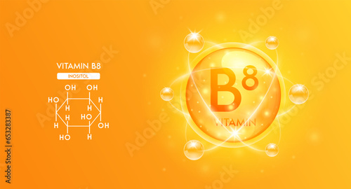 Vitamin B8 with structure chemical formula. Bubble collagen serum orange and Vitamins complex for cosmetics design. Medical concepts. Beauty treatment nutrition skincare. 3D Vector.