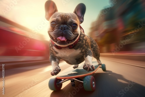 Cute French bulldog riding a skateboard around the city photo