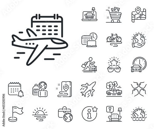 Airplane with calendar sign. Plane jet, travel map and baggage claim outline icons. Select flight line icon. Airport flights symbol. Select flight line sign. Car rental, taxi transport icon. Vector